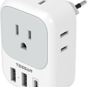 European Travel Plug Adapter USB C, TESSAN International Plug Adapter with 4 AC Outlets and 3 USB Ports, Type C Power Adaptor Charger for US to Most of Europe Iceland Spain Italy France Germany