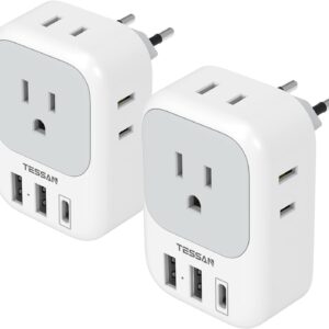 2 Pack European Travel Plug Adapter USB C, TESSAN US to Europe Plug Adapter with 4 Outlets 3 USB Charger (1 USB C Port), Type C Power Adaptor to Italy Spain France Portugal Iceland Germany, white gray