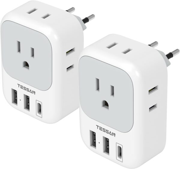 2 Pack European Travel Plug Adapter USB C, TESSAN US to Europe Plug Adapter with 4 Outlets 3 USB Charger (1 USB C Port), Type C Power Adaptor to Italy Spain France Portugal Iceland Germany, white gray