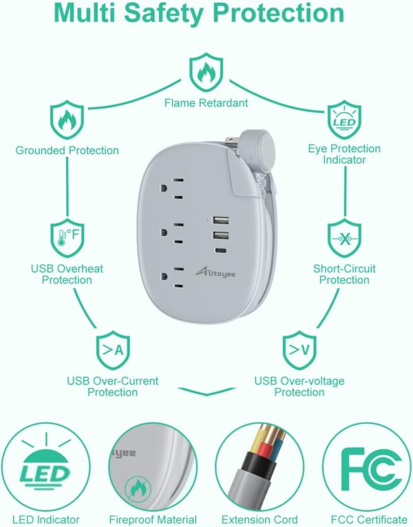 Alitayee USB C Portable Travel Power Strip with 3 Outlets 3 USB Ports Fast Charge, USB Extension Cord with Flat Plug and 3ft Wrapped Around Extension Cord for Cruise Travel Home Office - Imagen 6