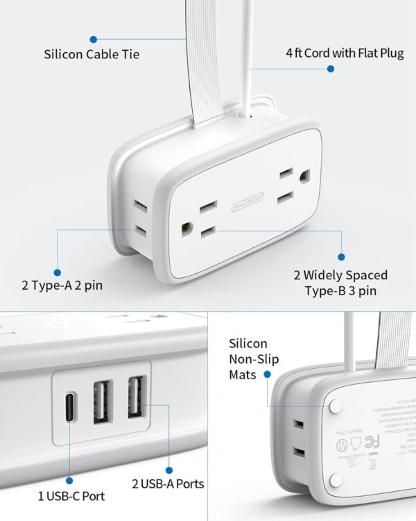 Travel Power Strip with USB C, NTONPOWER 4 Outlets 3 USB(1 USB-C), 4ft Flat Plug Extension Cord with USB C Ports, Portable Power Strip Flat Plug, Compact for Travel Hotel Cruise Essentials, White - Imagen 7