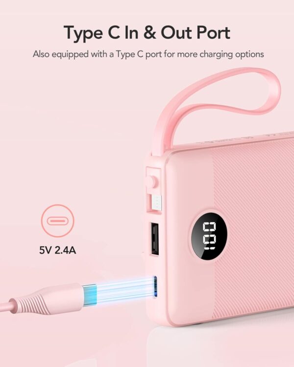 VRURC Portable Charger 10000mAh, Slim LED Display Power Bank, 5 Output 2 Input Cell Phone Battery Pack, Built-in Micro & USB C Cables Phone Charger Compatible with iPhone,Samsung,Android-Pink(1 Pack) - Imagen 3