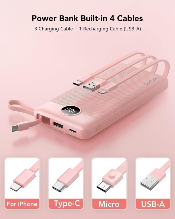 VRURC Portable Charger 10000mAh, Slim LED Display Power Bank, 5 Output 2 Input Cell Phone Battery Pack, Built-in Micro & USB C Cables Phone Charger Compatible with iPhone,Samsung,Android-Pink(1 Pack) - Imagen 2