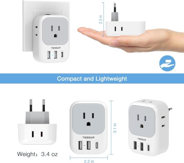 2 Pack European Travel Plug Adapter USB C, TESSAN US to Europe Plug Adapter with 4 Outlets 3 USB Charger (1 USB C Port), Type C Power Adaptor to Italy Spain France Portugal Iceland Germany, white gray - Imagen 6