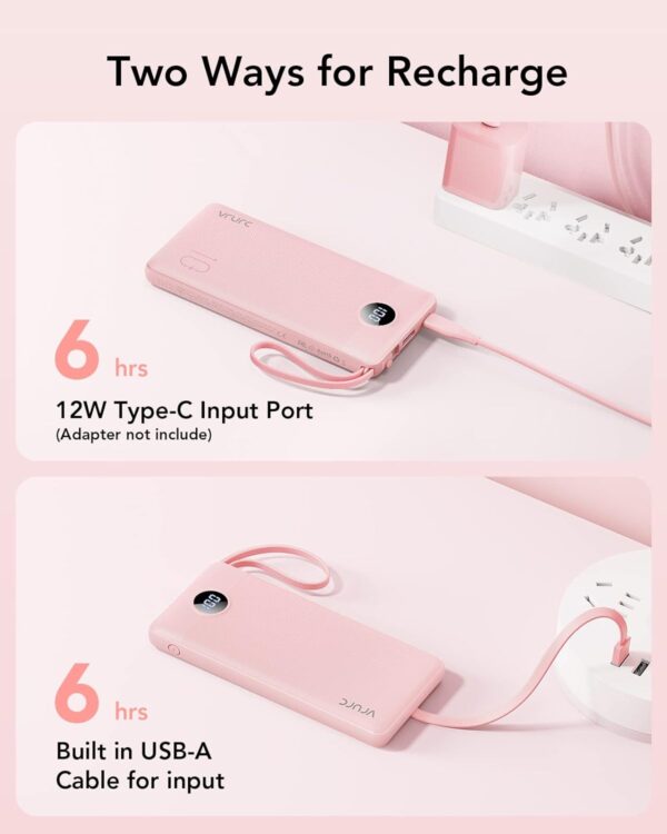 VRURC Portable Charger 10000mAh, Slim LED Display Power Bank, 5 Output 2 Input Cell Phone Battery Pack, Built-in Micro & USB C Cables Phone Charger Compatible with iPhone,Samsung,Android-Pink(1 Pack) - Imagen 6