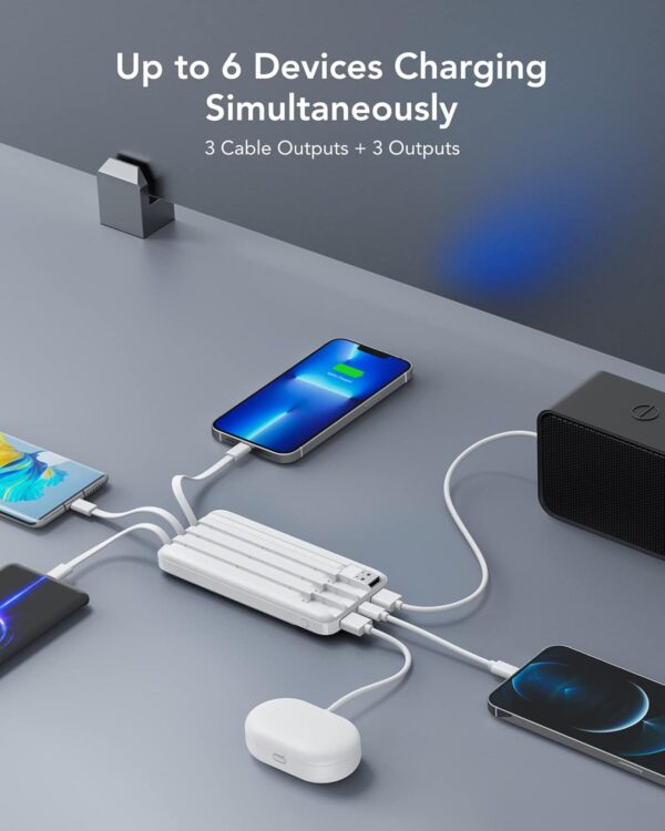 Portable Charger with Built in Cables, Portable Charger with Cords Wires Slim 10000mAh Travel Battery Pack 6 Outputs 3 Inputs 3A Fast Charging Power Bank for Samsung Google Pixel LG Moto iPhone iPad - Imagen 3