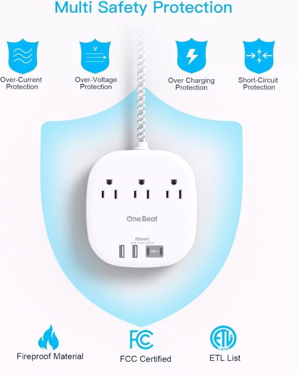 Flat Plug Power Strip, 5ft Ultra Flat Extension Cord - 3 Outlets 4 USB Ports (2 USB C) 22.5W/4.5A Desktop Charging Station, No Surge Protection for Cruise Ship, Dorm Room Travel Essentials - Imagen 7