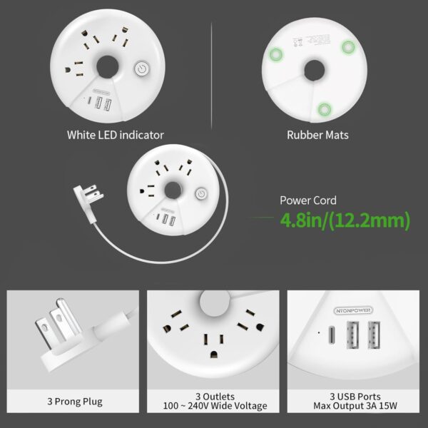 Travel Power Strip, NTONPOWER 3 Outlets 3 USB Portable Desktop Charging Station Short Extension Cord 3ft for Office, Home, Hotels, Cruise Ship, Nightstand, White - Imagen 7