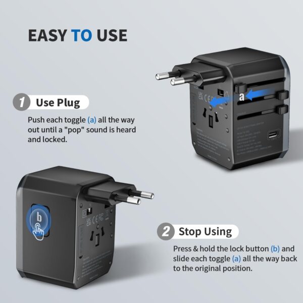 EPICKA Universal Travel Adapter, International Power Plug Adapter with 3 USB-C and 2 USB-A Ports, All-in-One Worldwide Wall Charger for USA EU UK AUS (TA-105C, Black) - Imagen 6