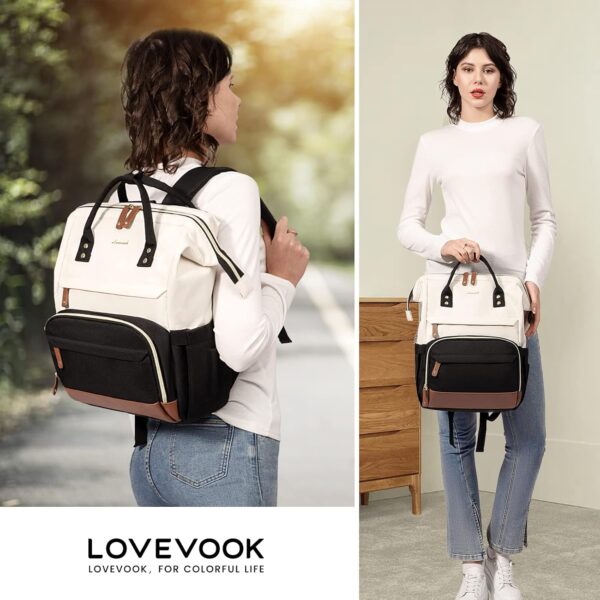 LOVEVOOK Laptop Backpack for Women, 15.6 Inch Work Business Backpacks Purse with USB Port, Large Capacity Nurse Bag College Bookbag for School, Waterproof Casual Daypack for Travel,Black-White-Brown - Imagen 6