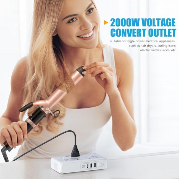 220v to 110v Travel Voltage Converter: International Universal Voltage Converter US to Europe Power Strip Plug Transformer - 2000W Electric Hair Dryer Step Down Outlet Converters for European UK EU - Imagen 3