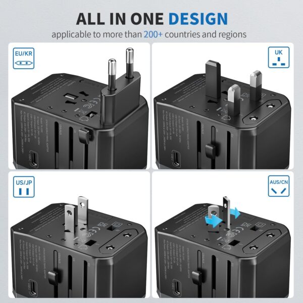 EPICKA Universal Travel Adapter, International Power Plug Adapter with 3 USB-C and 2 USB-A Ports, All-in-One Worldwide Wall Charger for USA EU UK AUS (TA-105C, Black) - Imagen 2