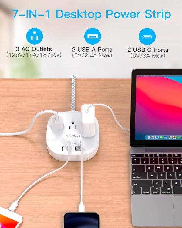 Flat Plug Power Strip, 5ft Ultra Flat Extension Cord - 3 Outlets 4 USB Ports (2 USB C) 22.5W/4.5A Desktop Charging Station, No Surge Protection for Cruise Ship, Dorm Room Travel Essentials - Imagen 4