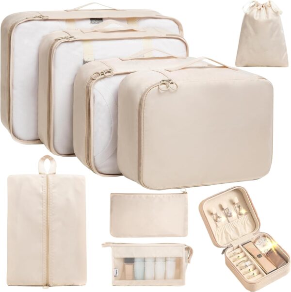 9 Set Packing Cubes for Carry on Suitcase Travel Organizer Bags for Luggage Suitcase Organizer Bags Packing Cube Set for Packing Women Men (Beige)