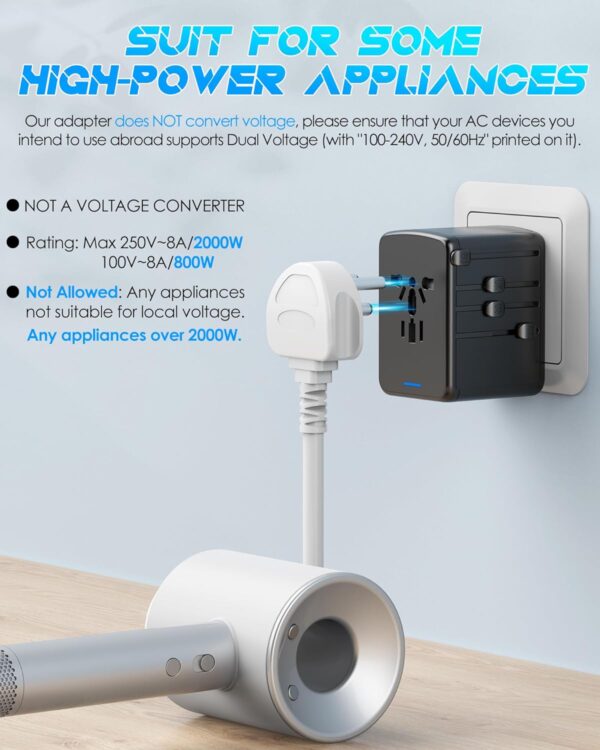 Universal Travel Adapter Offers 5.8A 3X 3.0A USB-C Ports, 2X 2.4A USB-A Ports and Multi AC Outlet, All-in-One International Power Plug Adaptor Worldwide Charger for EU US UK AU 200+ Countries - Imagen 3