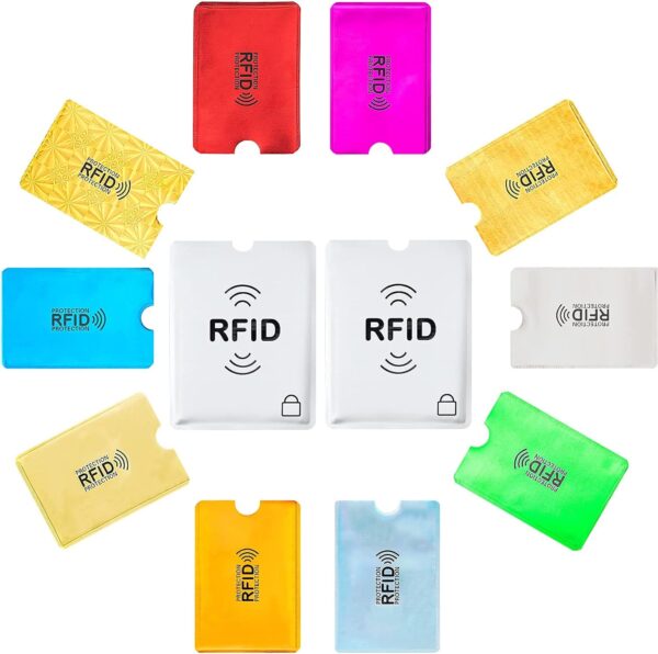 Aigee 28 RFID Blocking Sleeves (24 Credit Card Protector Holders in 12 colors & 4 Passport Protectors), Identity Theft Protection Secure Sleeve for Credit Cards, Debit Card, 2pcs Clear Plastic Sleeve - Imagen 3