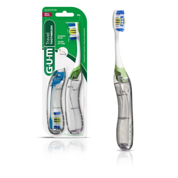 GUM Folding Travel Toothbrush, Compact Head + Tongue Cleaner, Soft Bristled Travel Toothbrushes for Adults, 2ct