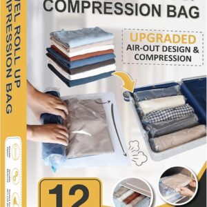 12 Hand Roll Up Compression Travel Bags-Space Saver Bags for Luggage and Cruises (5 Large, 5 Medium, 2 Small), No Vacuum Needed