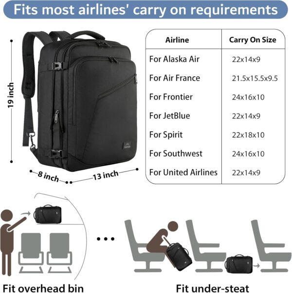 MATEIN Carry on Backpack, Extra Large Travel Backpack Expandable Airplane Approved Weekender Bag for Men and Women, Water Resistant Lightweight Daypack for Flight 40L, Black - Imagen 2