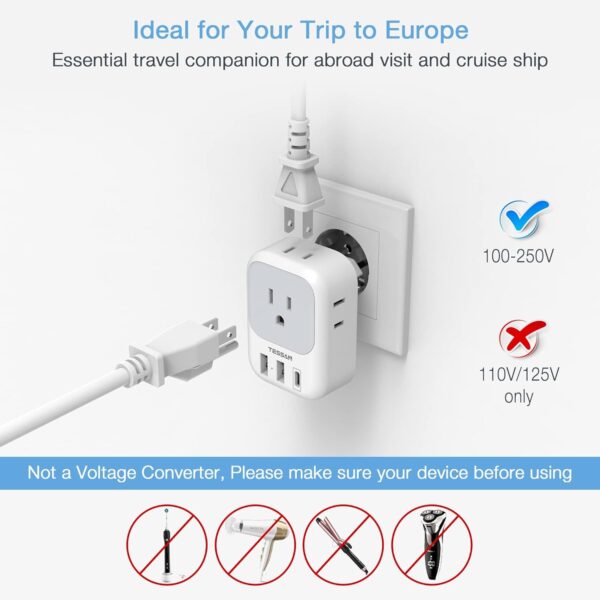 European Travel Plug Adapter USB C, TESSAN International Plug Adapter with 4 AC Outlets and 3 USB Ports, Type C Power Adaptor Charger for US to Most of Europe Iceland Spain Italy France Germany - Imagen 4