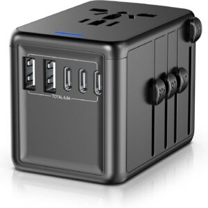 Universal Travel Adapter Offers 5.8A 3X 3.0A USB-C Ports, 2X 2.4A USB-A Ports and Multi AC Outlet, All-in-One International Power Plug Adaptor Worldwide Charger for EU US UK AU 200+ Countries