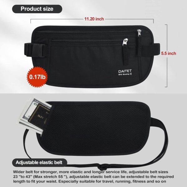 DAITET Money Belt - Passport Holder Secure Hidden Travel Wallet with RFID Blocking, Undercover Fanny Pack (Black) - Imagen 4