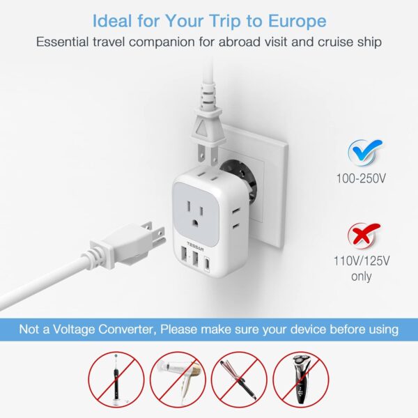 2 Pack European Travel Plug Adapter USB C, TESSAN US to Europe Plug Adapter with 4 Outlets 3 USB Charger (1 USB C Port), Type C Power Adaptor to Italy Spain France Portugal Iceland Germany, white gray - Imagen 5