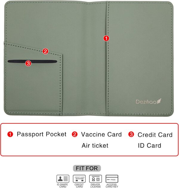 Deziliao Passport Holder,Passport Holder Card Slots, Passport and Vaccine Card Holder Combo, Cute Passport cover for Women and Men, with Waterproof Rfid Blocking, Passport Travel Wallet(Moss green) - Imagen 3