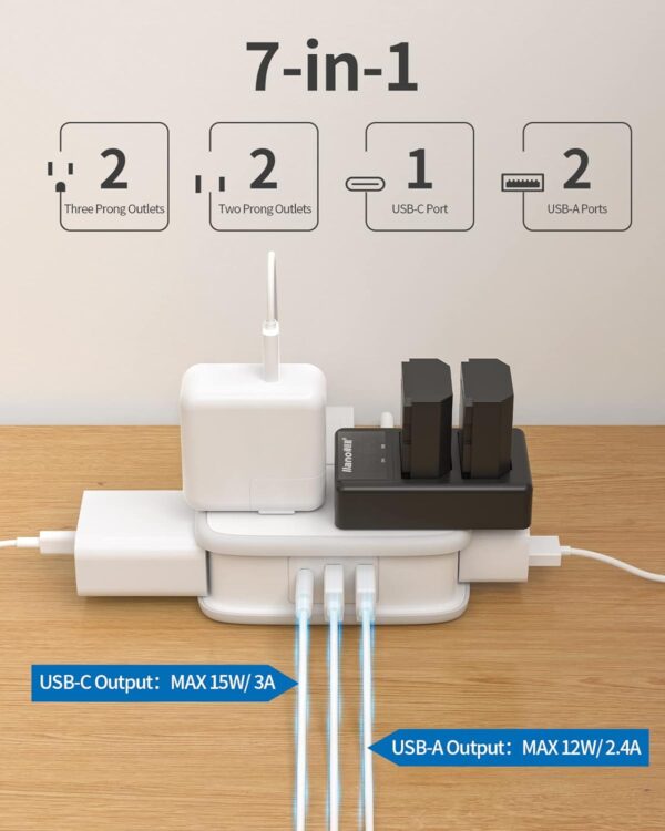 Travel Power Strip with USB C, NTONPOWER 4 Outlets 3 USB(1 USB-C), 4ft Flat Plug Extension Cord with USB C Ports, Portable Power Strip Flat Plug, Compact for Travel Hotel Cruise Essentials, White - Imagen 2