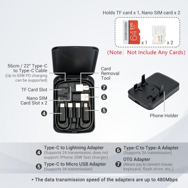 Multi-Functional Compact Cable Card with 22" USB-C Cable & USB-A/Micro-USB/Light/OTG USB Adapter Kit Cable Convertor Storage Box for Traveling Phone Pad Charging PC Computer Data Transfer - Imagen 2