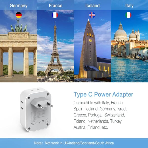 2 Pack European Travel Plug Adapter USB C, TESSAN US to Europe Plug Adapter with 4 Outlets 3 USB Charger (1 USB C Port), Type C Power Adaptor to Italy Spain France Portugal Iceland Germany, white gray - Imagen 2