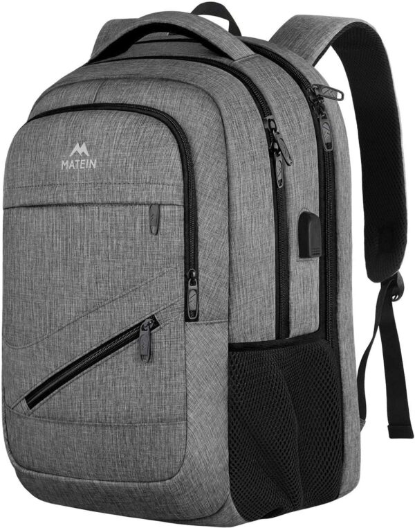 MATEIN Travel Laptop Backpack, 17 inch Business Flight Approved Carry on Backpack, TSA Large Computer Backpack for Men Women with USB Port and Trolley Sleeve, College School Tactical Book Bag, Grey