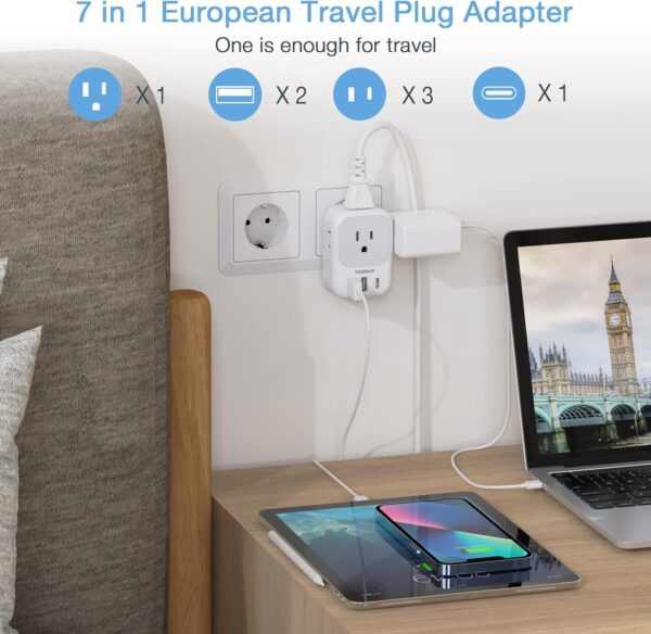 European Travel Plug Adapter USB C, TESSAN International Plug Adapter with 4 AC Outlets and 3 USB Ports, Type C Power Adaptor Charger for US to Most of Europe Iceland Spain Italy France Germany - Imagen 3