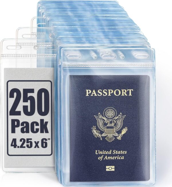 Mifflin-USA Passport & Card Holders (Clear, 4x6 Inches, 250 Pack), Extra Large ID Name Badge Holder, Zipperless Vertical Plastic Card Holders