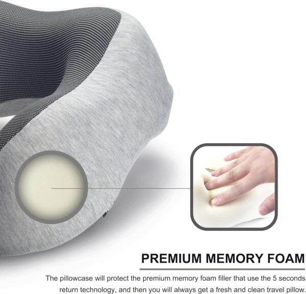 napfun Neck Pillow for Traveling, Upgraded Travel Neck Pillow for Airplane 100% Pure Memory Foam Travel Pillow for Flight Headrest Sleep, Portable Plane Accessories, Light Grey - Imagen 4