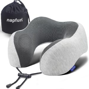 napfun Neck Pillow for Traveling, Upgraded Travel Neck Pillow for Airplane 100% Pure Memory Foam Travel Pillow for Flight Headrest Sleep, Portable Plane Accessories, Light Grey