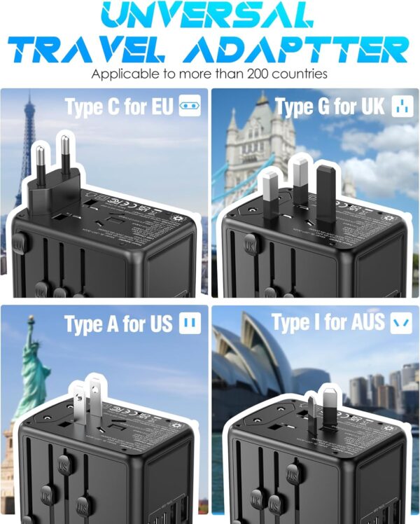 Universal Travel Adapter Offers 5.8A 3X 3.0A USB-C Ports, 2X 2.4A USB-A Ports and Multi AC Outlet, All-in-One International Power Plug Adaptor Worldwide Charger for EU US UK AU 200+ Countries - Imagen 5