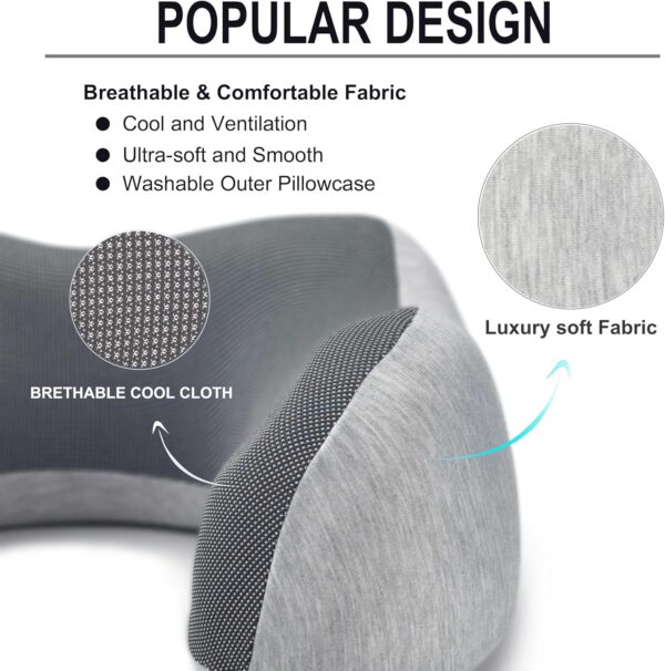 napfun Neck Pillow for Traveling, Upgraded Travel Neck Pillow for Airplane 100% Pure Memory Foam Travel Pillow for Flight Headrest Sleep, Portable Plane Accessories, Light Grey - Imagen 3