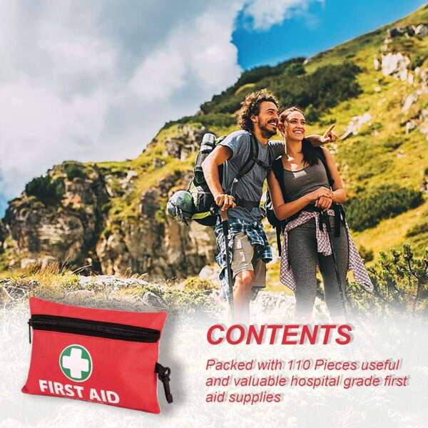 General Medi Mini First Aid Kit, 110 Piece Small First Aid Kit - Includes Emergency Foil Blanket, Scissors for Travel, Home, Office, Vehicle, Camping, Workplace & Outdoor (Red) - Imagen 7