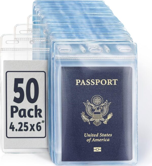 EcoEarth Passport & Identification Card Holders with Soft Edge (Clear, 4x6 Inch, 50 Pack), Extra Large Vertical ID Holder, Zipperless Plastic Name Badge Holders