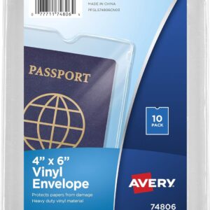 Avery File Envelopes, 4″ x 6″ Passport Holder, Holds up to 30 Sheets, 10 Clear Vinyl Envelopes (74806)