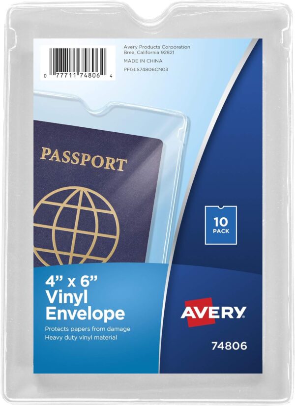 Avery File Envelopes, 4" x 6" Passport Holder, Holds up to 30 Sheets, 10 Clear Vinyl Envelopes (74806)