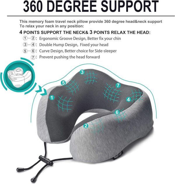 napfun Neck Pillow for Traveling, Upgraded Travel Neck Pillow for Airplane 100% Pure Memory Foam Travel Pillow for Flight Headrest Sleep, Portable Plane Accessories, Light Grey - Imagen 2