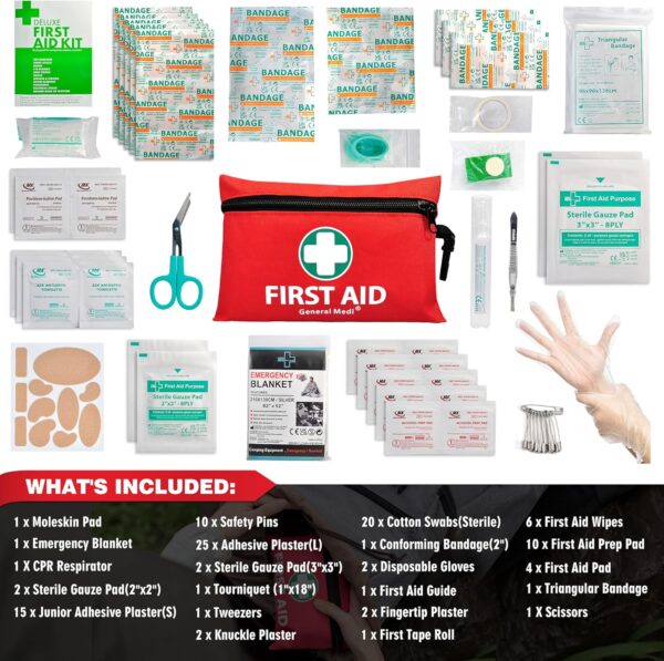 General Medi Mini First Aid Kit, 110 Piece Small First Aid Kit - Includes Emergency Foil Blanket, Scissors for Travel, Home, Office, Vehicle, Camping, Workplace & Outdoor (Red) - Imagen 2