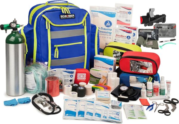 Scherber Fully-Stocked Premium First Responder Backpack | EMT/EMS Medic Trauma, Bleeding & Oxygen Medical Kit | CAT Tourniquet, QuikClot 4x4, HyFin Chest Seal & 250+ First Aid Supplies - Blue