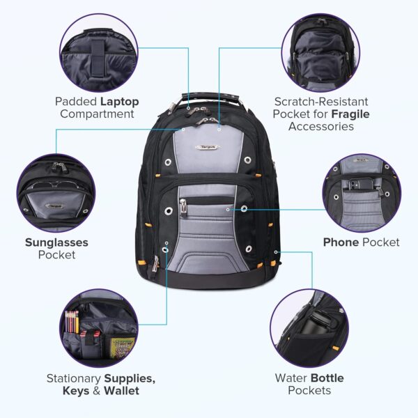 Targus Drifter II Laptop Backpack, Black/Gray - Backpack for Men, Business, Travel, Durable Water-Resistant Material Fits up to 17" Laptops (TSB239US) - Imagen 2