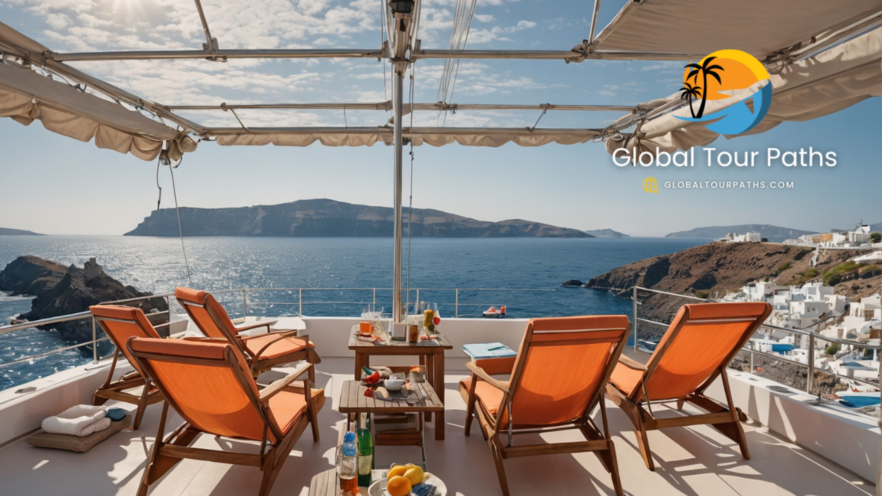 Discover Santorini’s Magic: Catamaran Cruise with Gourmet Food & Drinks